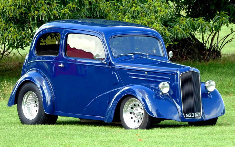 Blue Ford Anglia gasser drag car